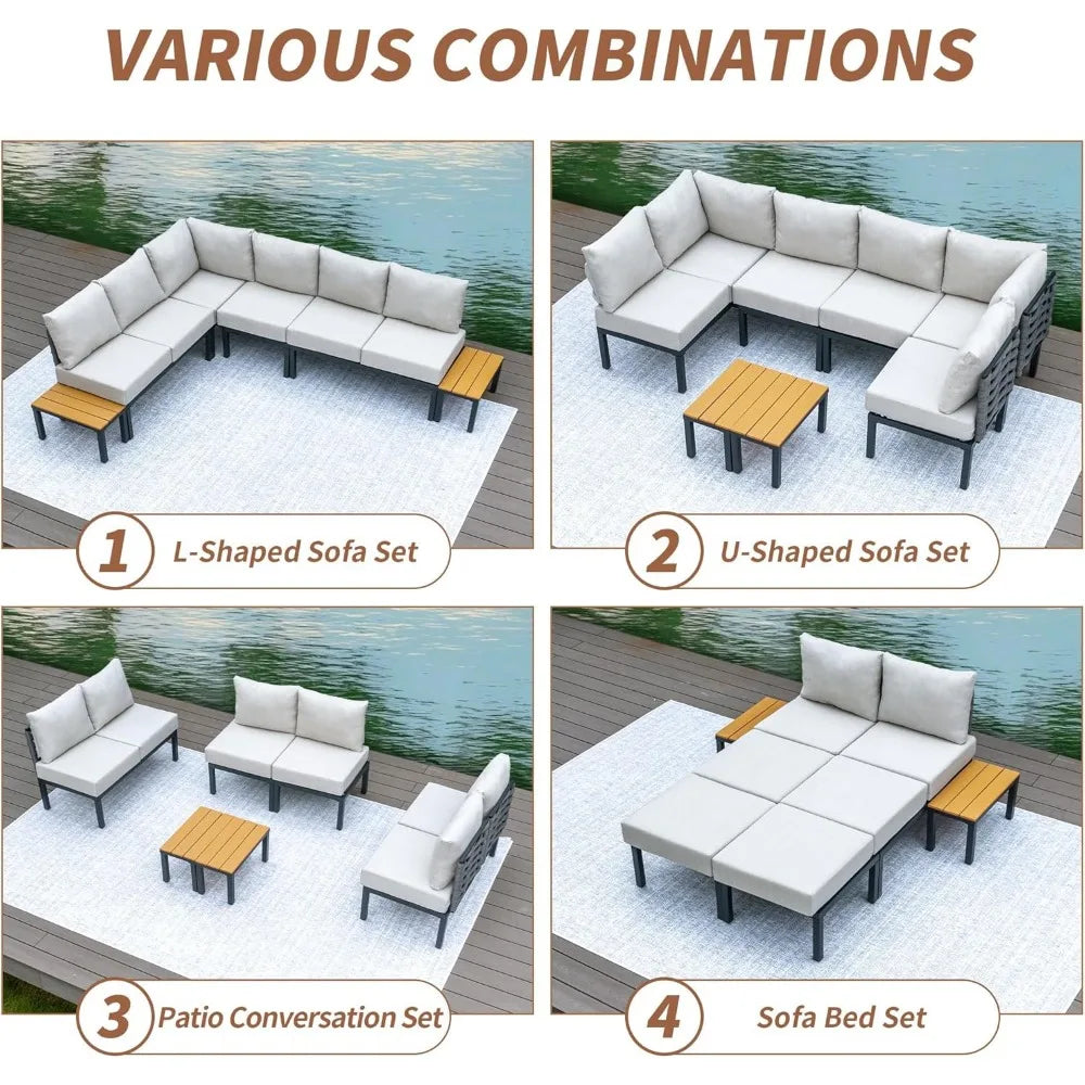 8 Pieces Patio Furniture Set Metal All Weather Outdoor Sectional Patio Sofa Seating Couch with 6" Thick Cushions and 2 Coffee