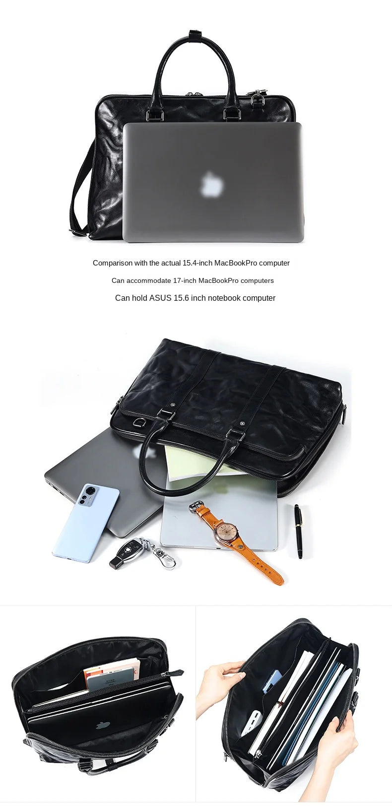 2025 New Genuine Leather Men's Handbags Cowhide Briefcase 14-15.6 Inch Laptop Bag Business Commute Shoulder Crossbody Bags