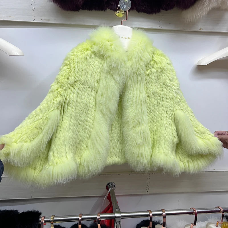 2025 New Natural Rabbit Fur Bat Shirt Coats Knitted Women Real Fox Fur Collar Jackets Luxury Woman Clothing Outwear