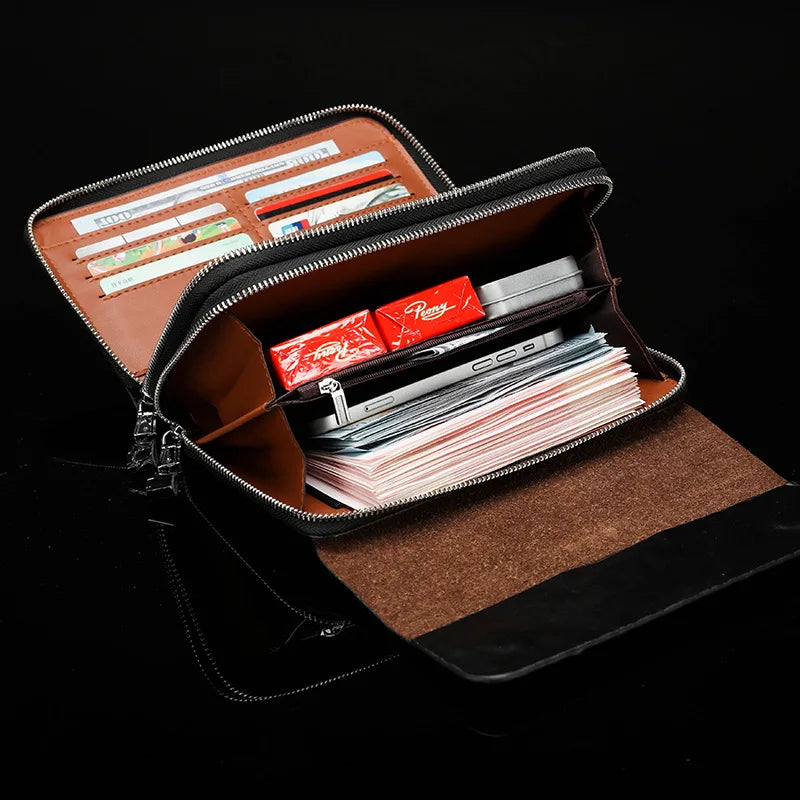Business Crocodile Pattern Men's Clutch bag with Wrist Strap Large Long Split Leather Male Hold bags Wallets Card Holder Purse