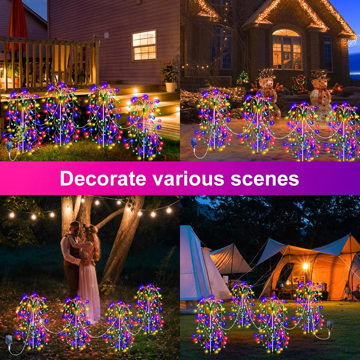 4Pcs Solar Powered Fireworks Lights 8 Lighting Modes Outdoor Garden Decoration Fairy Lights for Camping Wedding Yard Christmas