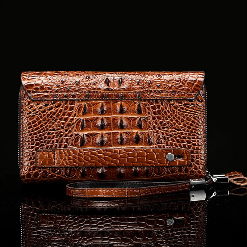 Business Crocodile Pattern Men's Clutch bag with Wrist Strap Large Long Split Leather Male Hold bags Wallets Card Holder Purse