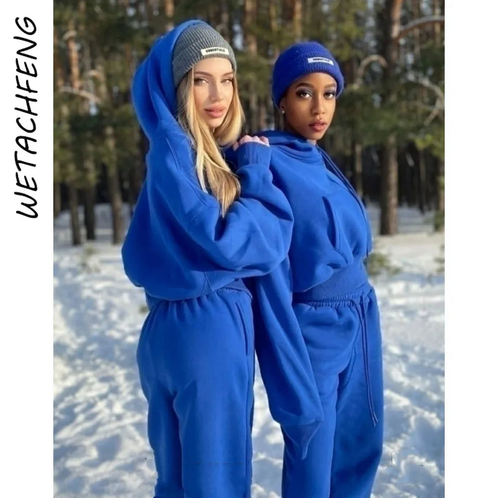 Autumn Winter Fashion Tracksuits Women Fleece Warm Hooded Sweatshirts And Pants Two Piece Sets Outfits Sports Female Clothing
