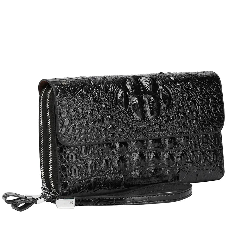 Business Crocodile Pattern Men's Clutch bag with Wrist Strap Large Long Split Leather Male Hold bags Wallets Card Holder Purse