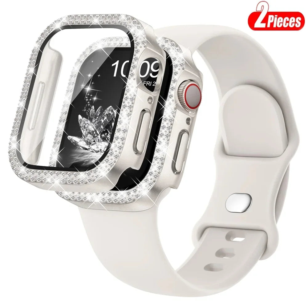 Bling Glass+Cover+strap For Apple watch bands 45mm 41mm 44mm 40mm bracelet Diamond bumper+Screen Protector series 9 8 7 6 5 4 SE