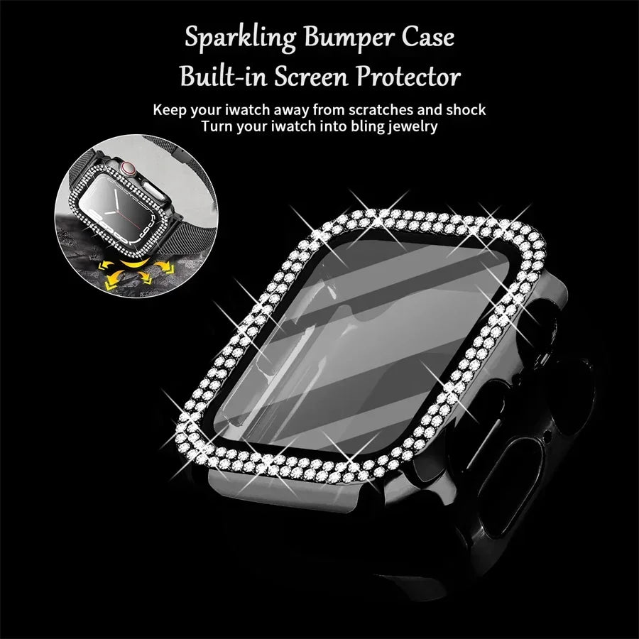 Bling Glass+Cover+strap For Apple watch bands 45mm 41mm 44mm 40mm bracelet Diamond bumper+Screen Protector series 9 8 7 6 5 4 SE