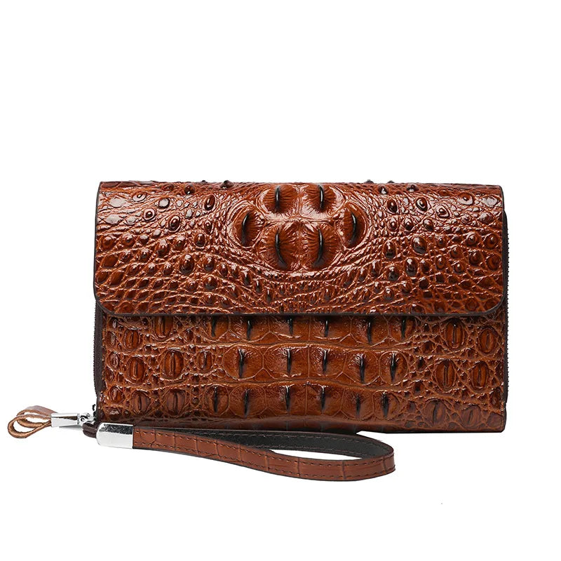 Business Crocodile Pattern Men's Clutch bag with Wrist Strap Large Long Split Leather Male Hold bags Wallets Card Holder Purse
