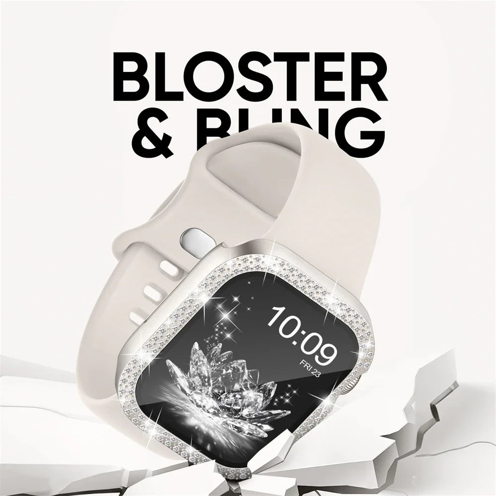 Bling Glass+Cover+strap For Apple watch bands 45mm 41mm 44mm 40mm bracelet Diamond bumper+Screen Protector series 9 8 7 6 5 4 SE