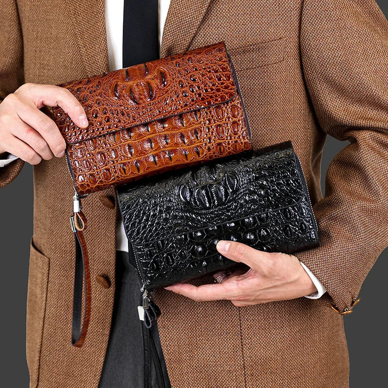 Business Crocodile Pattern Men's Clutch bag with Wrist Strap Large Long Split Leather Male Hold bags Wallets Card Holder Purse