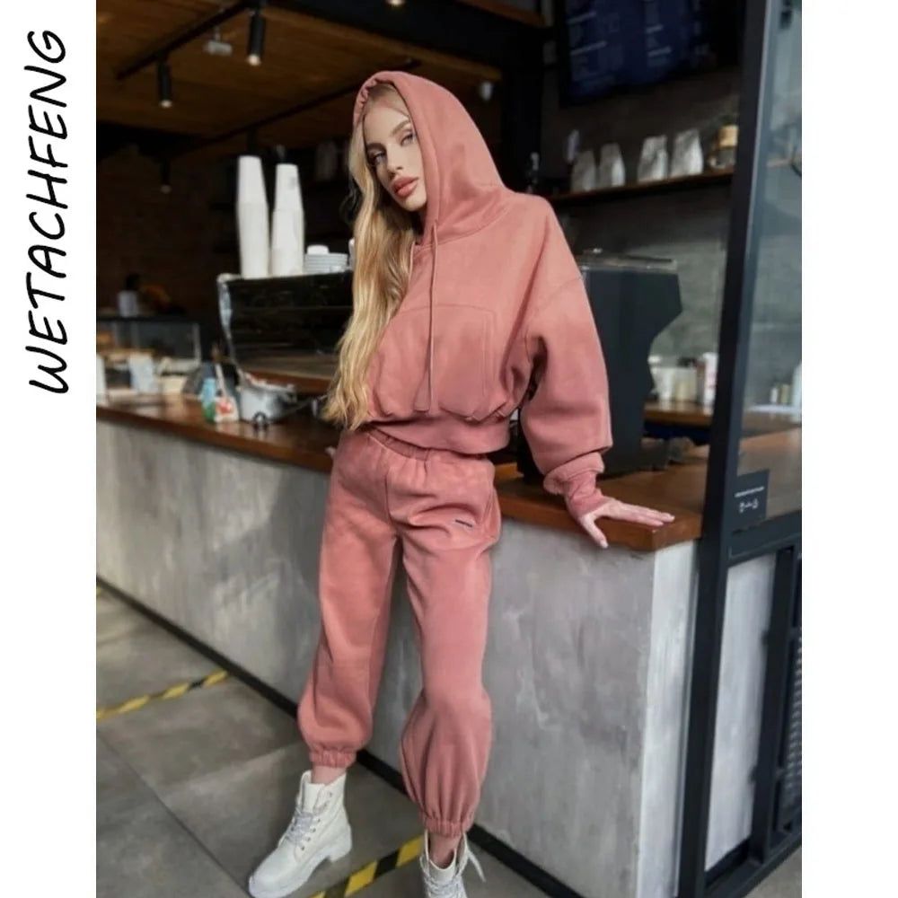 Autumn Winter Fashion Tracksuits Women Fleece Warm Hooded Sweatshirts And Pants Two Piece Sets Outfits Sports Female Clothing