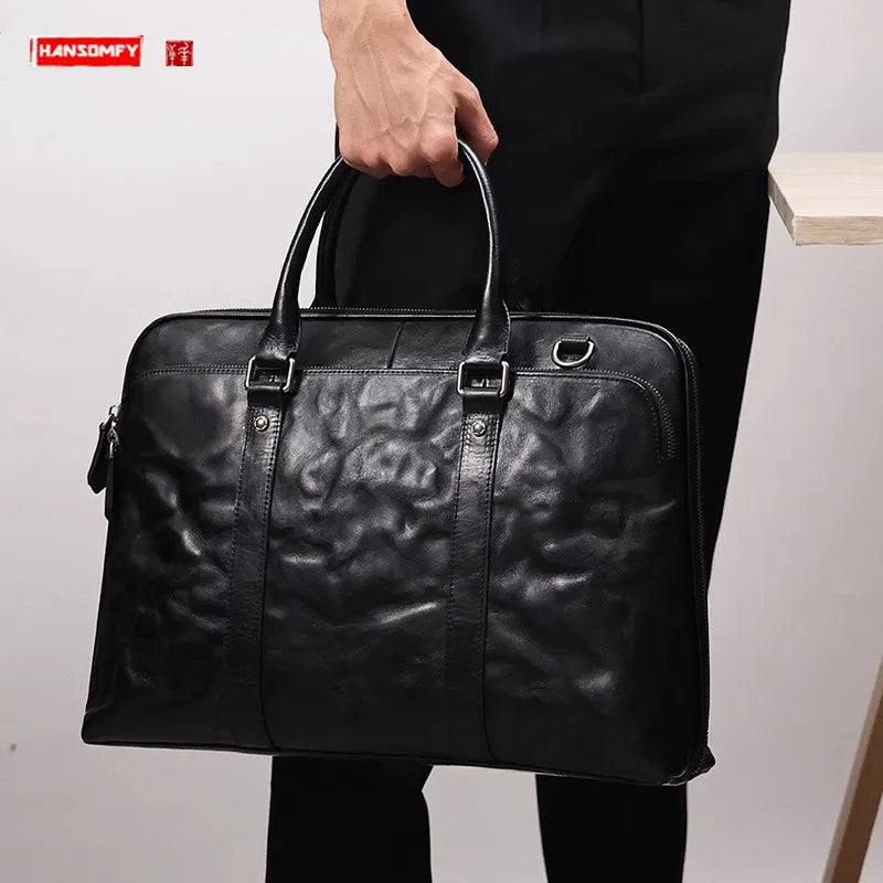 2025 New Genuine Leather Men's Handbags Cowhide Briefcase 14-15.6 Inch Laptop Bag Business Commute Shoulder Crossbody Bags