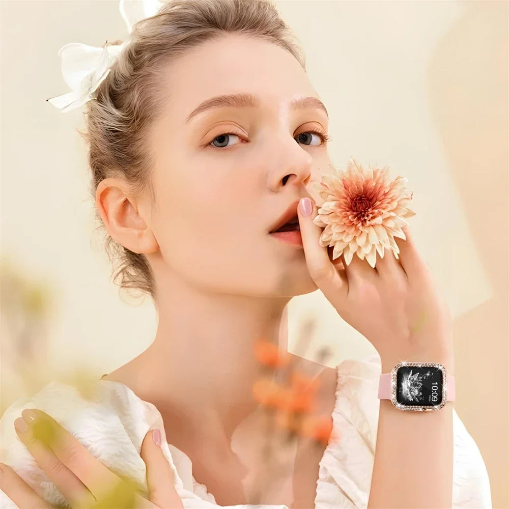 Bling Glass+Cover+strap For Apple watch bands 45mm 41mm 44mm 40mm bracelet Diamond bumper+Screen Protector series 9 8 7 6 5 4 SE