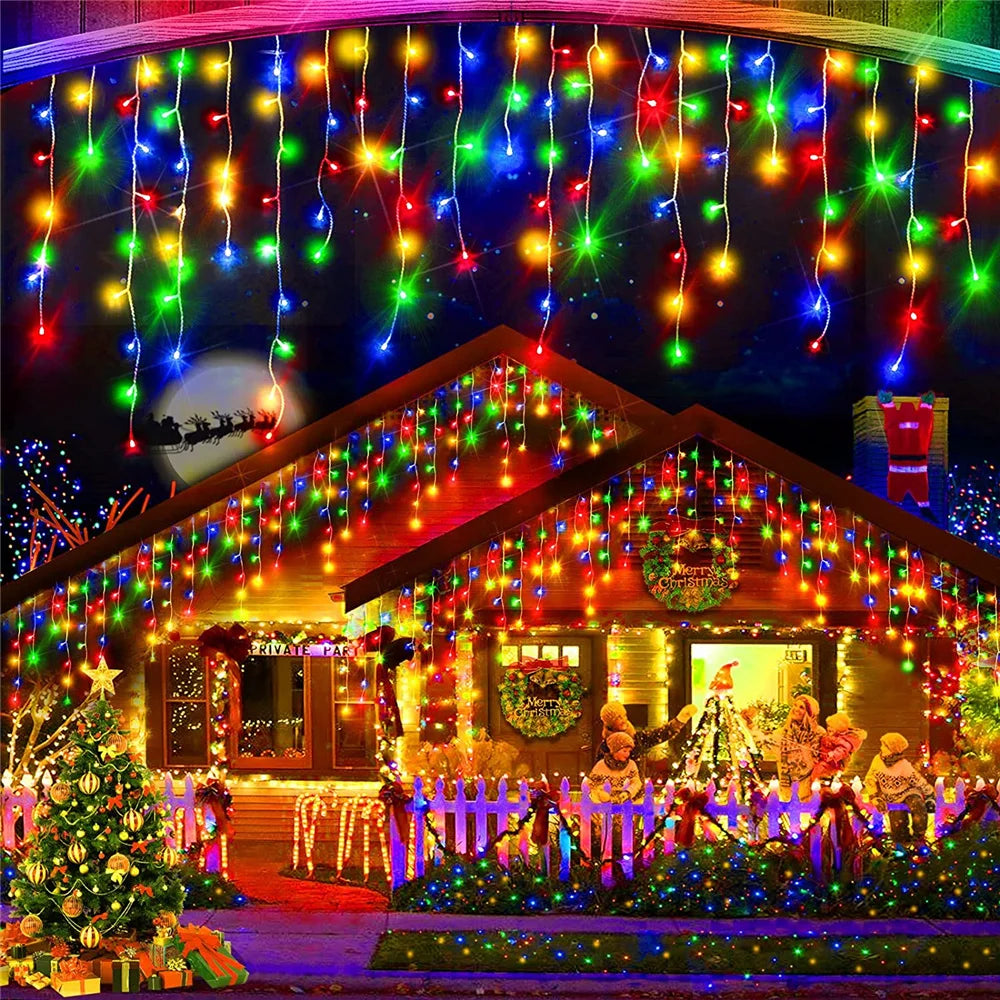 4m Solar Icicle Curtain Lights Christmas Fairy String Light Outdoor Waterproof Decoration Light for Holiday Wedding Party Garden
