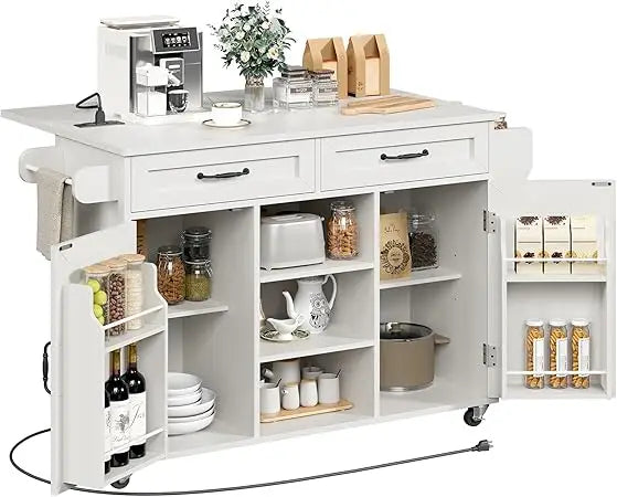 Kitchen Island with Power Outlets & Drop Leaf, Kitchen Cart with Storage, Drawer and Spice Rack, Tower Rack, Island Table, White
