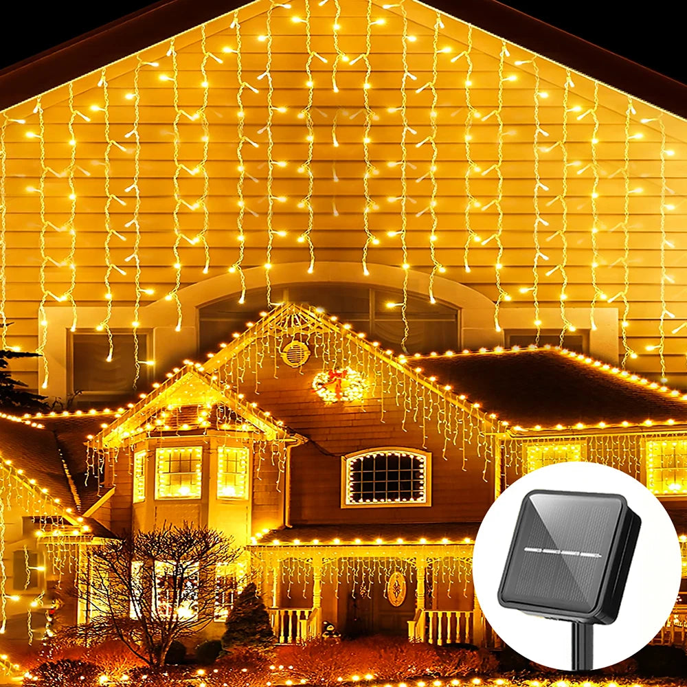4m Solar Icicle Curtain Lights Christmas Fairy String Light Outdoor Waterproof Decoration Light for Holiday Wedding Party Garden