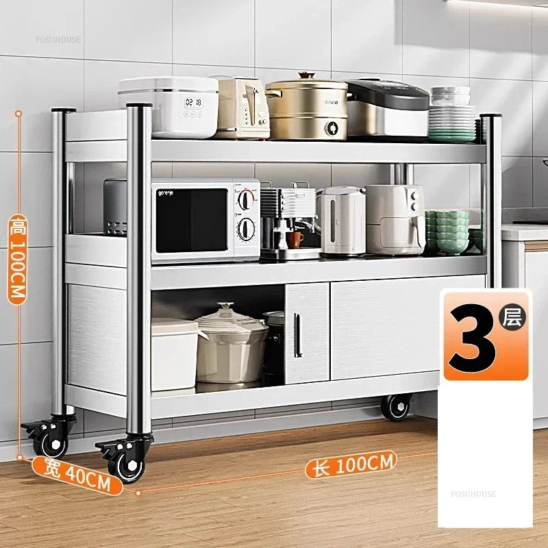 Stainless Steel Kitchen Cabinets with Door Floor Multi-layer Sliding Door Cabinet Storage Racks Multi-functional Home Furniture