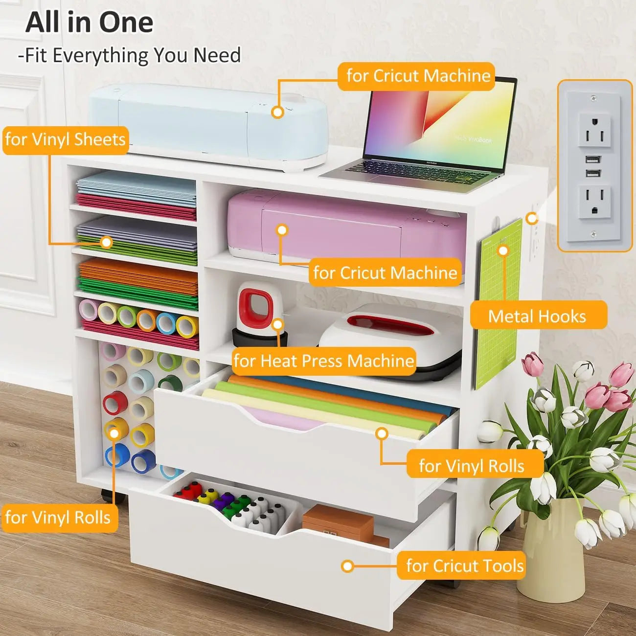 Craft Organization and Storage Cart Compatible with Cricut Machines, Rolling Craft Table Organizer with Charge,Free Shipping