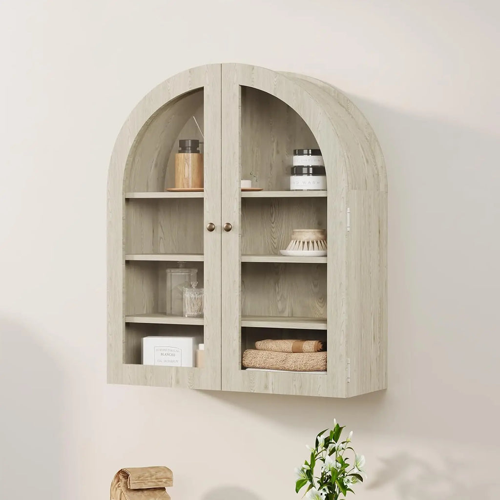 Small Wall-Mounted Cabinet, Arched Bathroom Medicine Cabinet with Glass Doors & Adjustable Shelves, Wood Kitchen Organizer