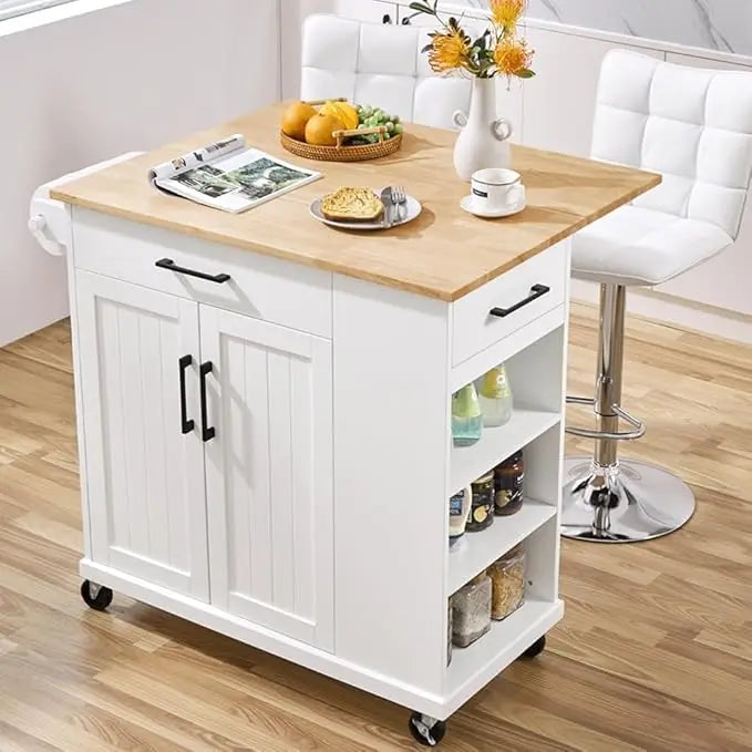 Portable Rolling Kitchen Island Cart Rubberwood Drop Leaf Breakfast Bar with Storage Open Shelves And Detachable