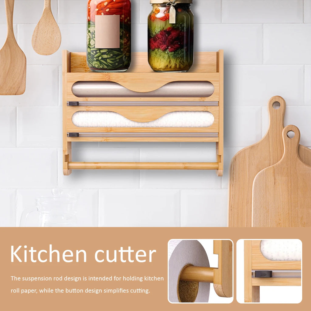 Bamboo Foil And Clingfilm Organizer With Cutter Wall Mounted Paper Towel Holder,For Home Kitchen Organization And Storage
