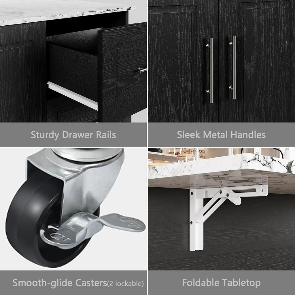 Rolling Island with Storage and Drop Leaf, Marble Tabletop, Kitchen Island on Wheels with Towel Rack & Spice Rack, Portable Isl