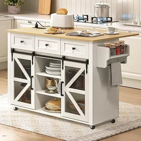 Kitchen Island with Storage, Kitchen Cart with Charging Station, Rolling Kitchen Island Table with Drop-Leaf, 3 Drawers, Barn Do