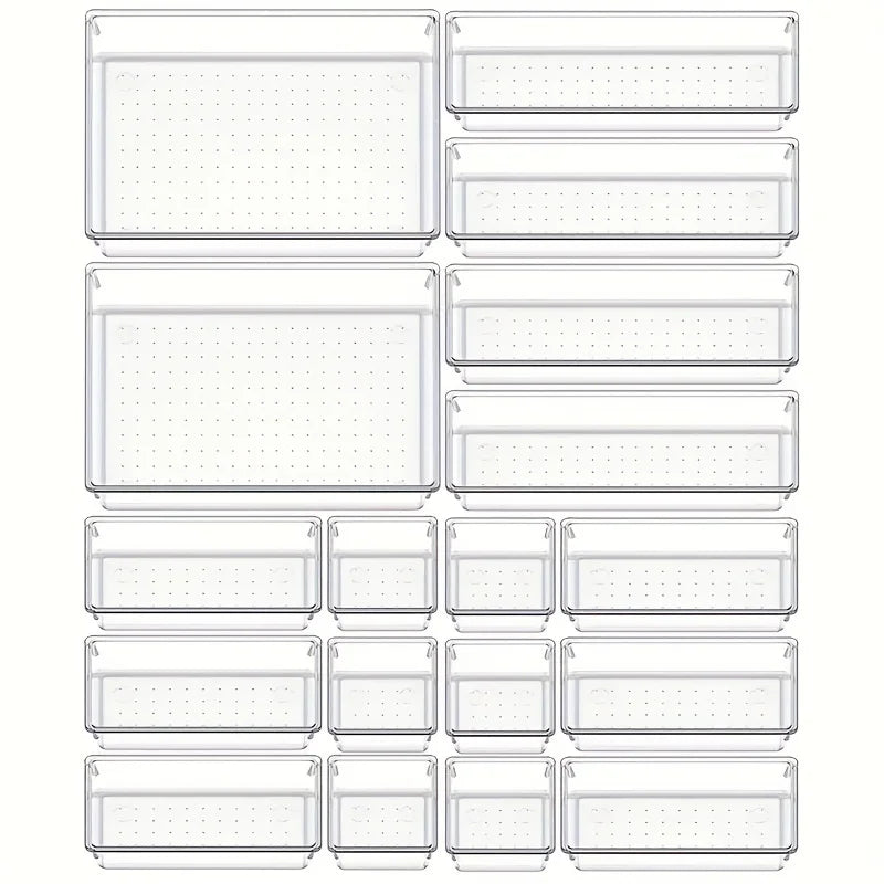 10-Piece Versatile Drawer Organizer Set - Clear Plastic Trays and Dividers in 4 Sizes for Perfect Makeup and Kitchen Storage.