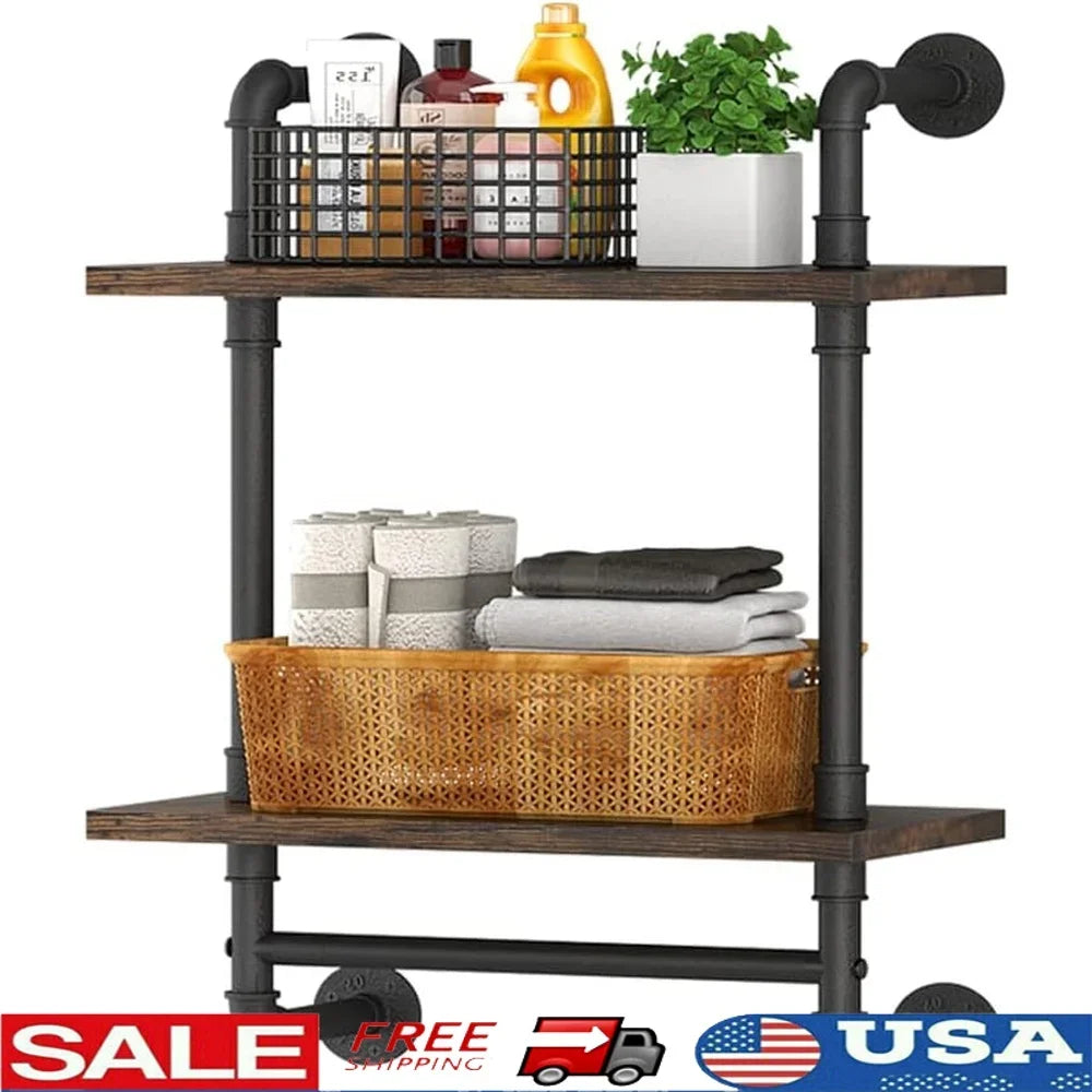Industrial Floating Bathroom Shelves Wall Mounted Rustic Wood 2 Tier Towel Bar Metal Storage Organizer Kitchen Garage Farmhouse