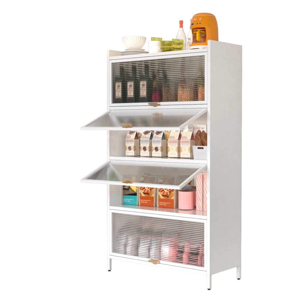 Metal Standing Storage Cabinet, 4 Level Storage With Fluted Flip Doors, Suit For Kitchen, Living Room, Bedroom, Bathroom