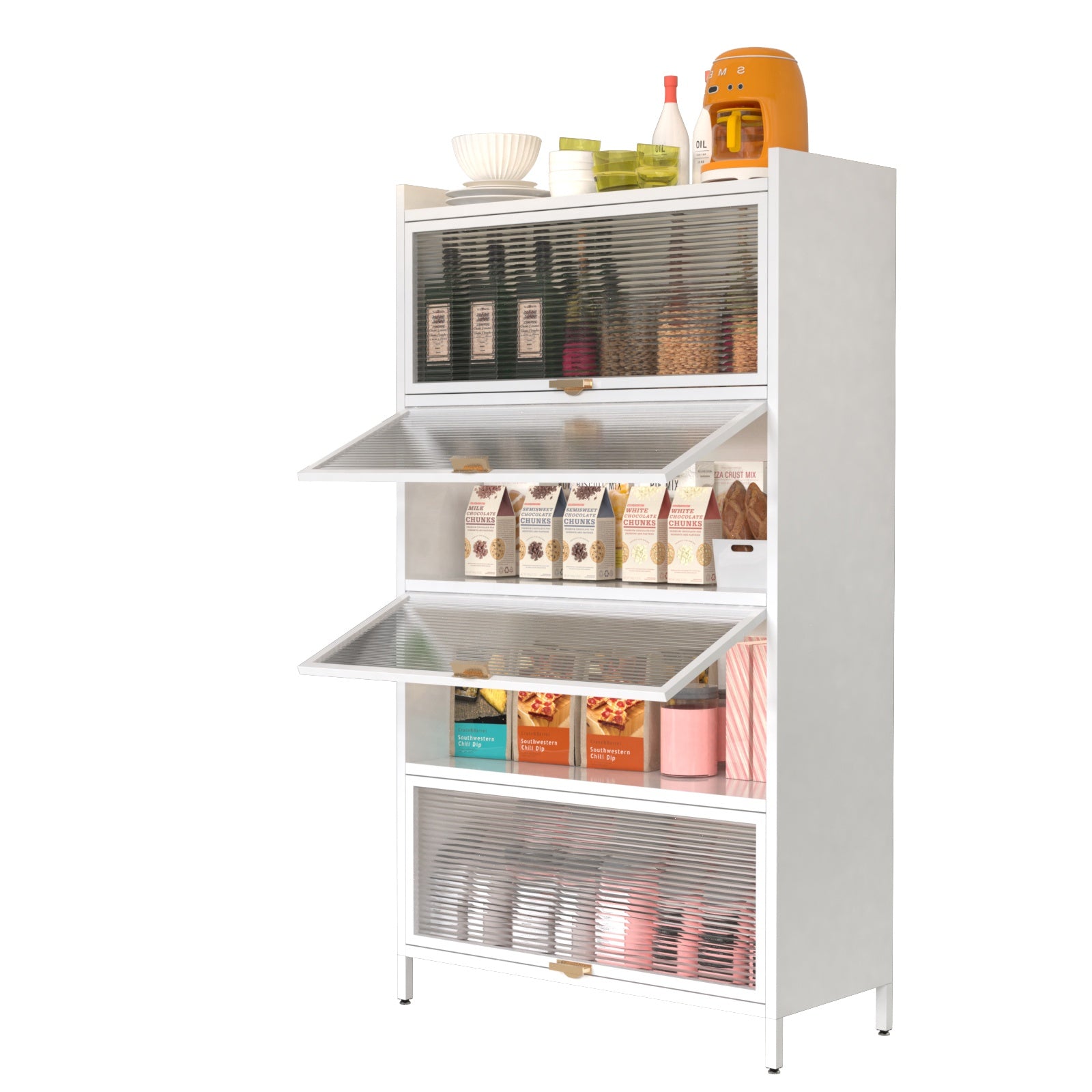 Metal Standing Storage Cabinet, 4 Level Storage With Fluted Flip Doors, Suit For Kitchen, Living Room, Bedroom, Bathroom