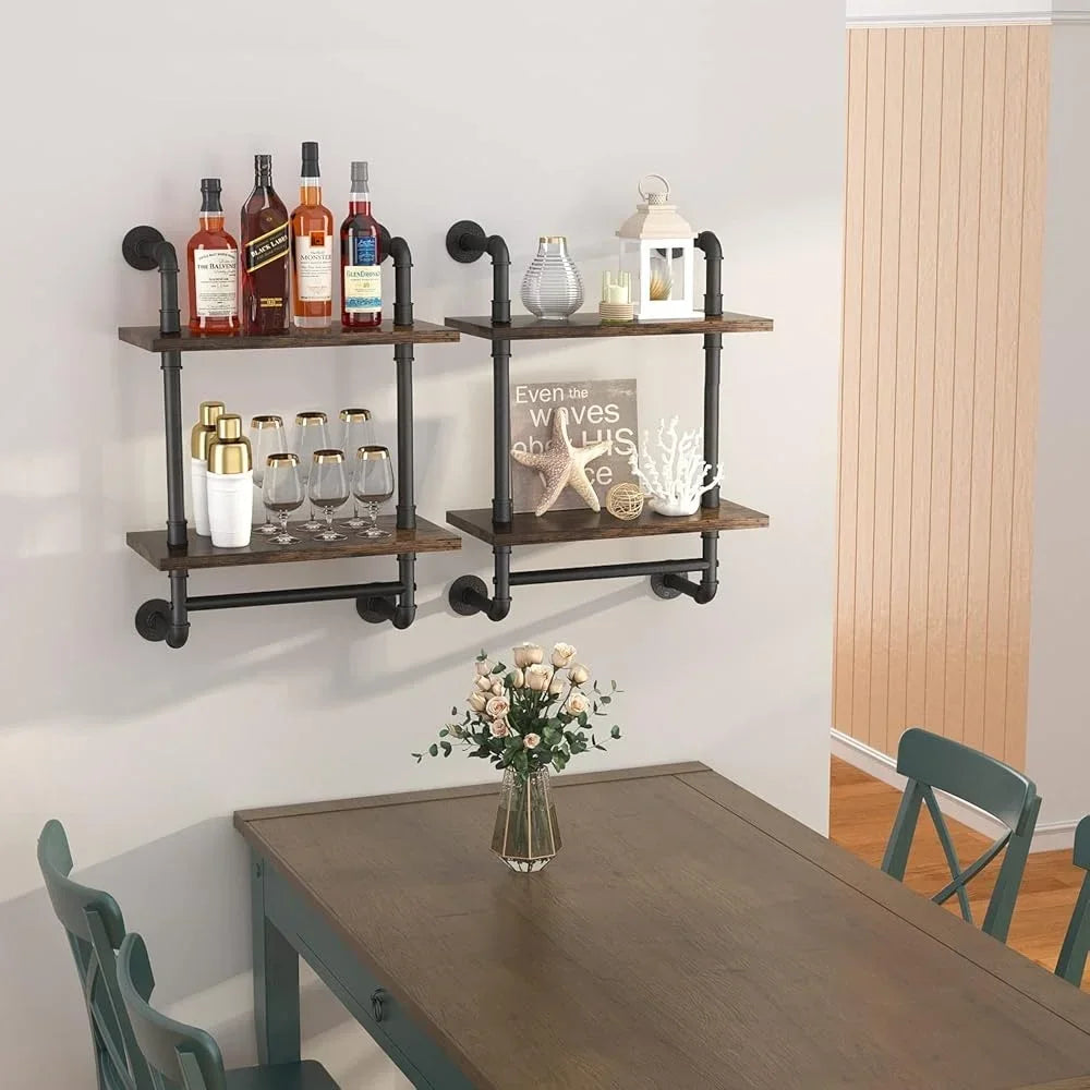 Industrial Floating Bathroom Shelves Wall Mounted Rustic Wood 2 Tier Towel Bar Metal Storage Organizer Kitchen Garage Farmhouse