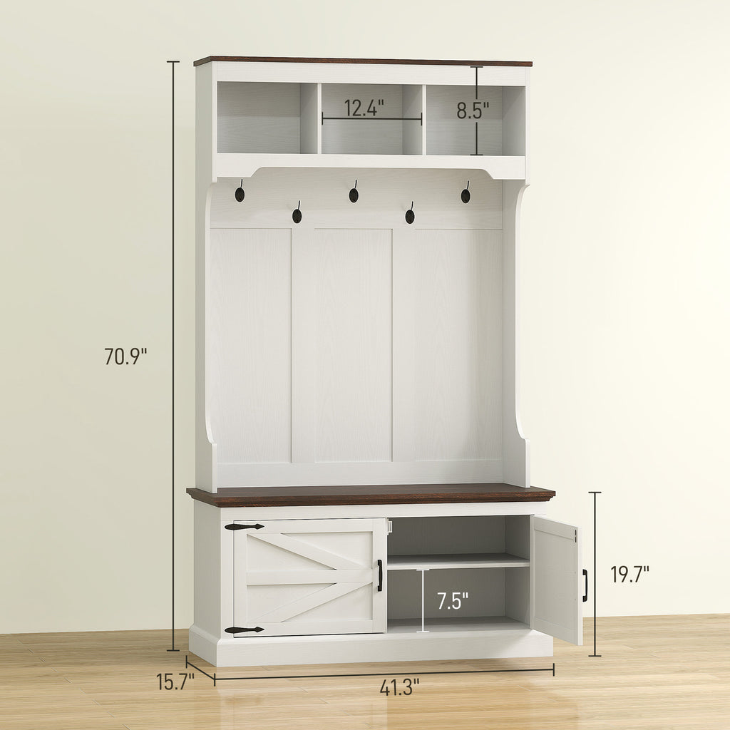 3-in-1 Hall Tree With Shoe Storage, Coat Rack With Bench, Entryway Furniture With Five Hooks, White Wood Grain