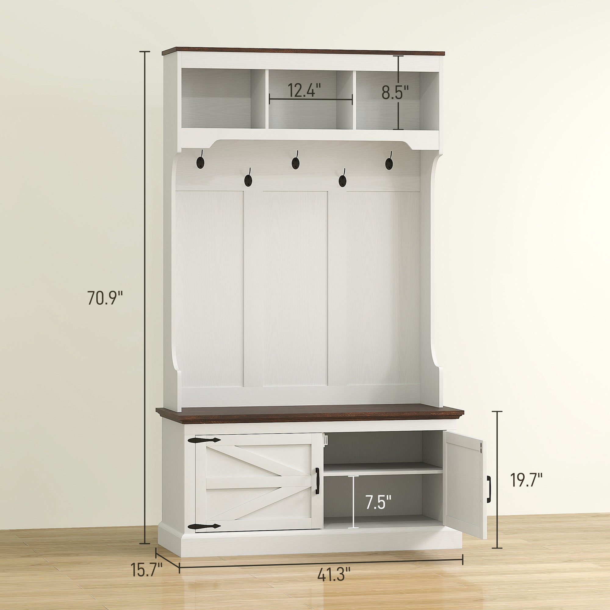 3-in-1 Hall Tree With Shoe Storage, Coat Rack With Bench, Entryway Furniture With Five Hooks, White Wood Grain