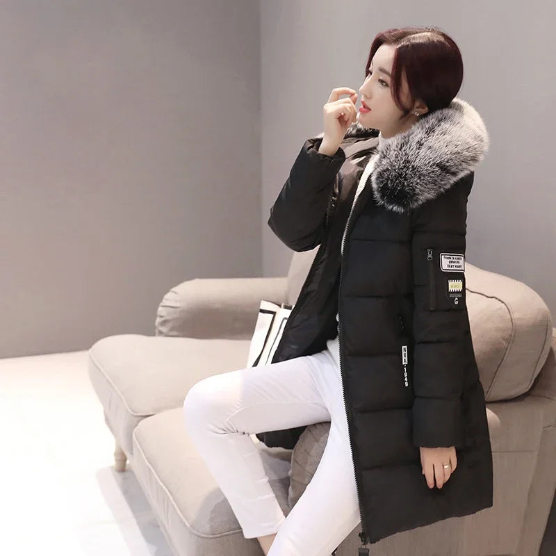 2025 Winter Women Parka Coats Long Cotton Casual Fur Hooded Jackets Thick Warm Slim-fit Jacket Female Overcoat Clothing