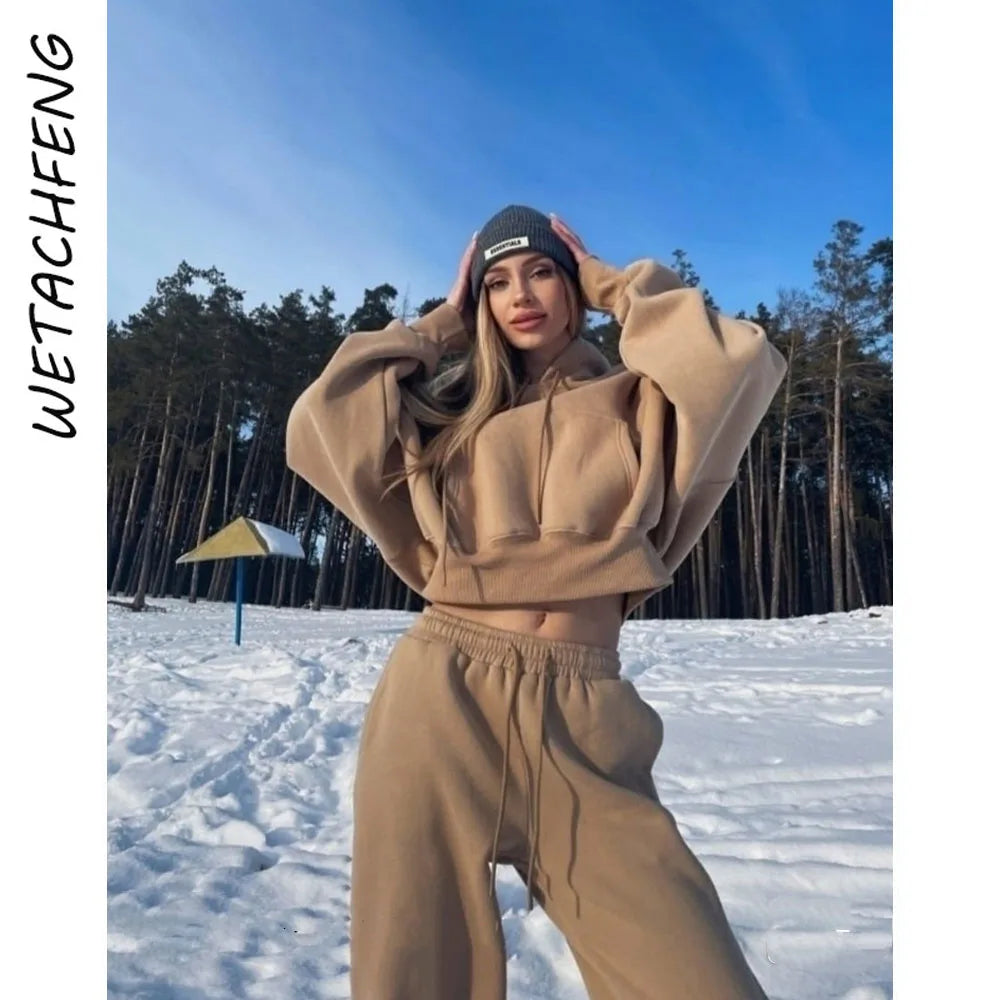 Autumn Winter Fashion Tracksuits Women Fleece Warm Hooded Sweatshirts And Pants Two Piece Sets Outfits Sports Female Clothing