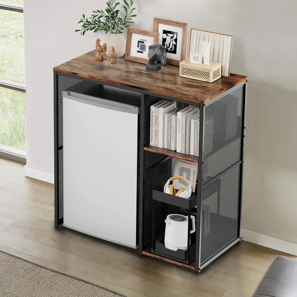 3-Tier Mini Fridge Cabinet with Storage, Industrial Style Kitchen Microwave Stand Baker Rack, Utility Storage Shelf with Mini Fr