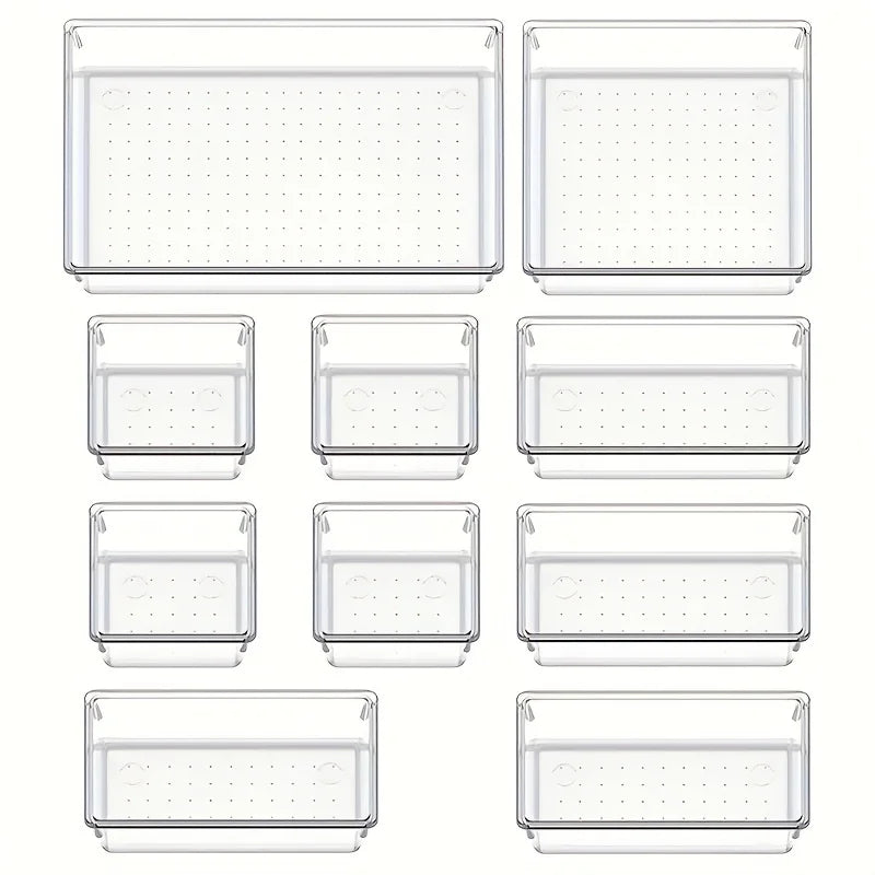 10-Piece Versatile Drawer Organizer Set - Clear Plastic Trays and Dividers in 4 Sizes for Perfect Makeup and Kitchen Storage.