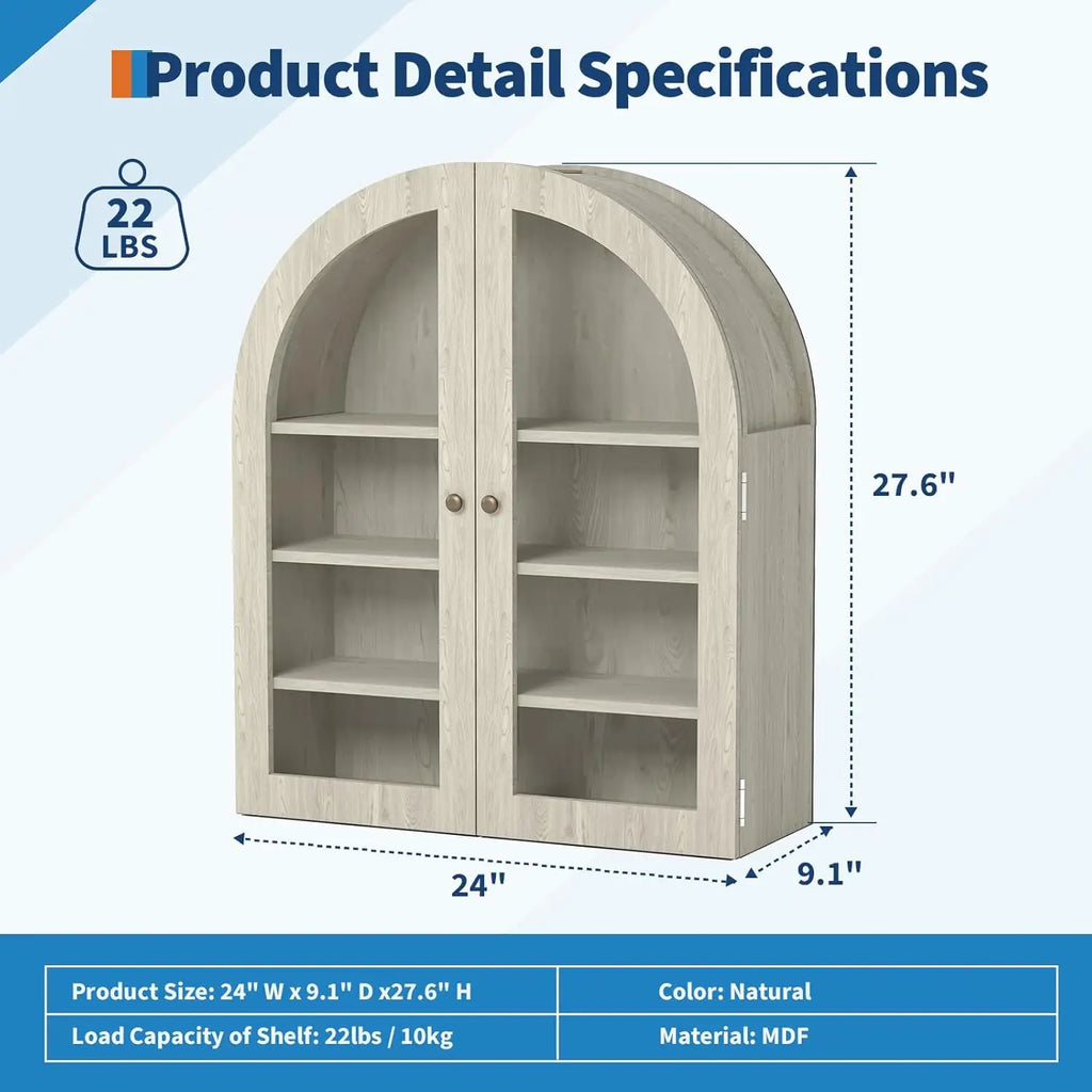 Small Wall-Mounted Cabinet, Arched Bathroom Medicine Cabinet with Glass Doors & Adjustable Shelves, Wood Kitchen Organizer