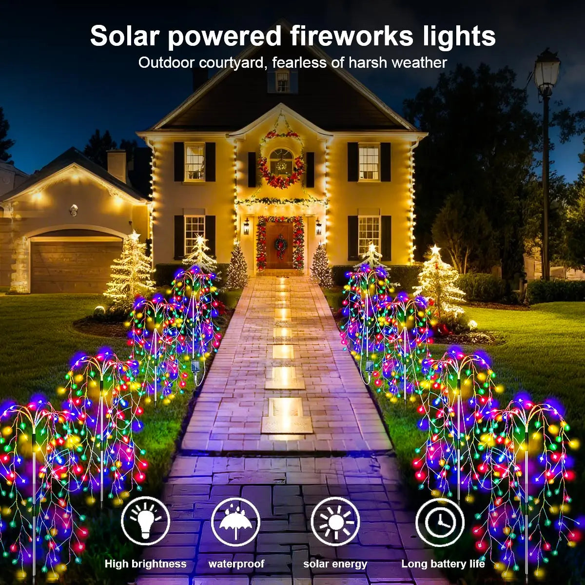 4Pcs Solar Powered Fireworks Lights 8 Lighting Modes Outdoor Garden Decoration Fairy Lights for Camping Wedding Yard Christmas
