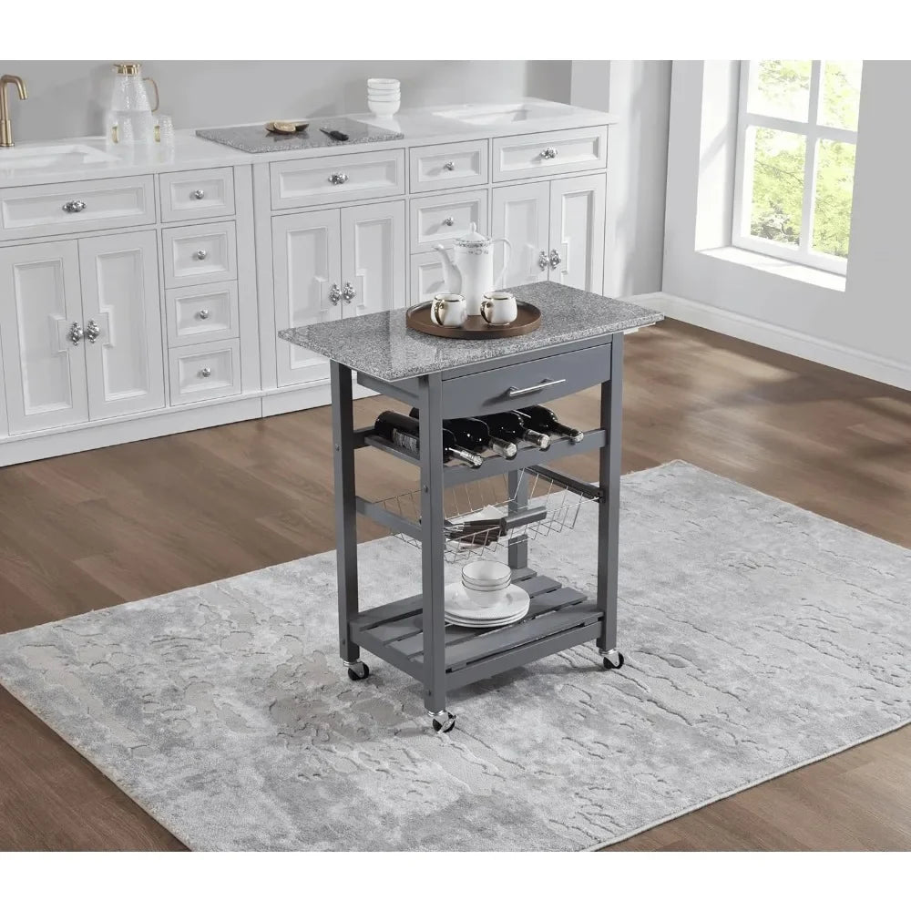 Mobile Rolling Kitchen Island Trolley – Under-Drawer & Slide-Out Wire Basket, Dining Serving Cart