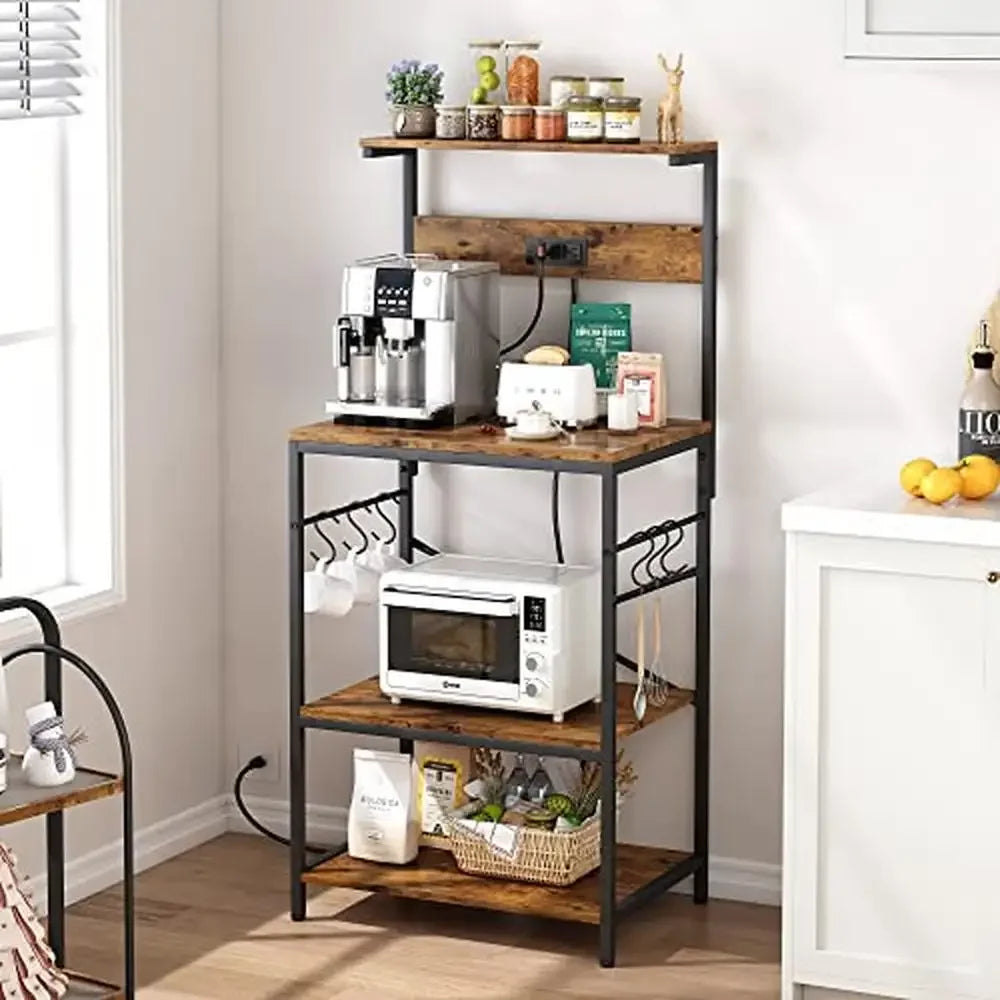 4-Tier Kitchen Bakers Rack with Power Outlets and S-Shaped Hooks Storage Stand