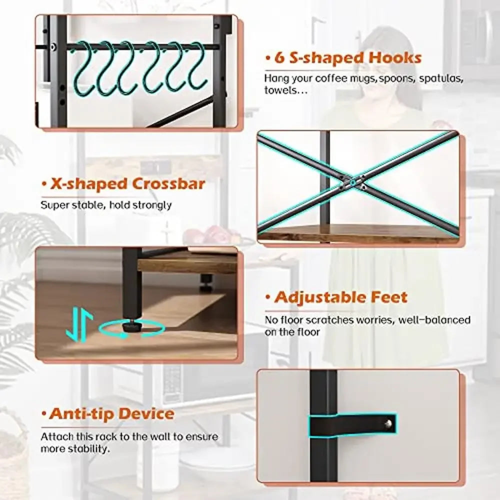 4-Tier Kitchen Bakers Rack with Power Outlets and S-Shaped Hooks Storage Stand