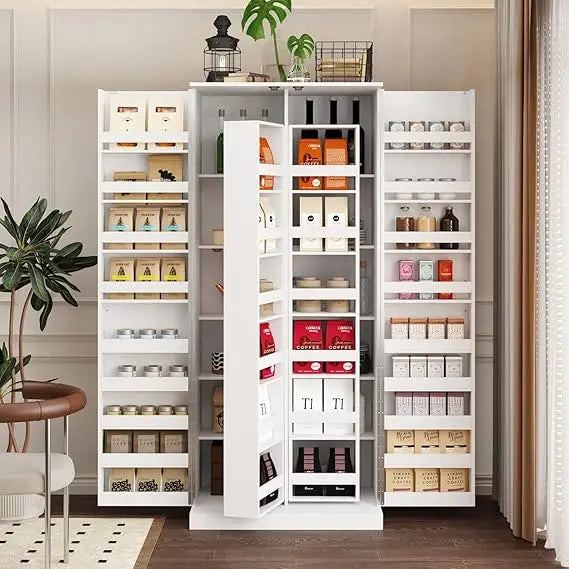 Kitchen Pantry Storage Cabinet with Doors and Shelves, Rotating Racks, Tall Pantry Cabinet Cupboard with Door Racks, White, 19.