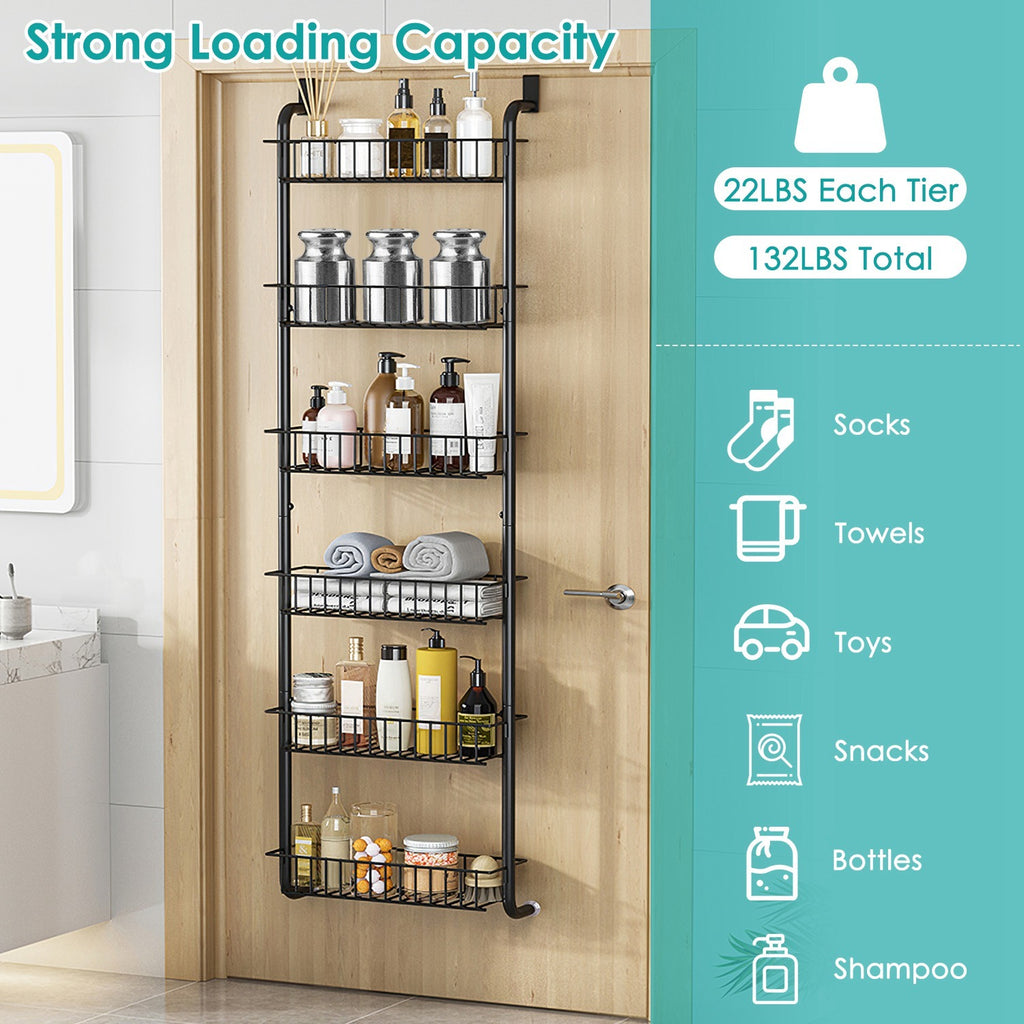 1Pc 6 Tier Over Door Pantry Organizer Hanging Hooks Door Storage Rack Carbon Steel Basket 62.99in Over Door Shelf For Kitchen Bathroom.