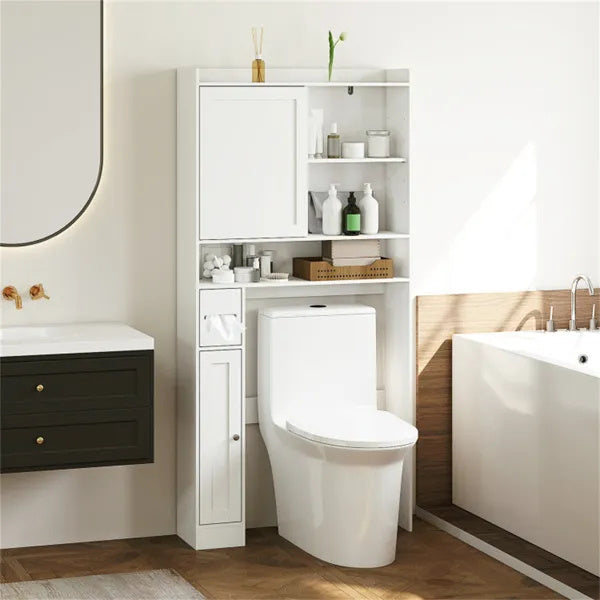 Over-The-Toilet Storage Cabinet  White- 1 Top Shelf  2 Enclosed Cabinets  Toilet Paper Holder,