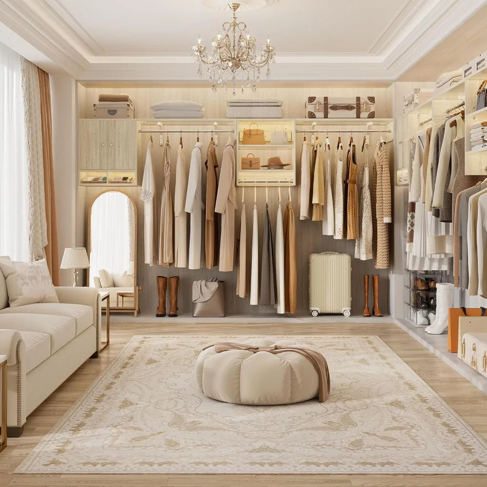 Multi-Purpose Closet System with 3 Hanging Rods, 5-10Ft Closet Organizer with Cabinet and Open Storage, Wood Closet Orga