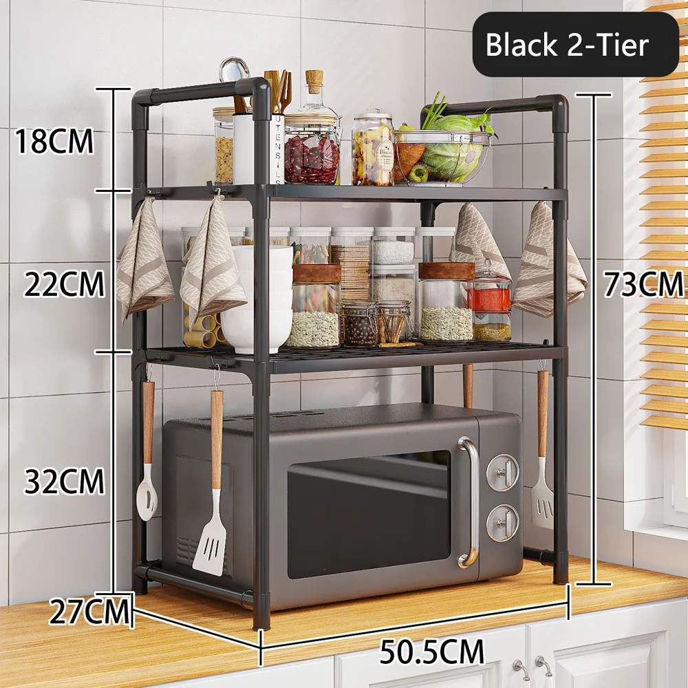 Extra Wide Microwave Stand - 2-Tier Heavy-Duty Kitchen Shelf for Oven Toaster & Spice Racks with Handrail Hooks Non-Slip