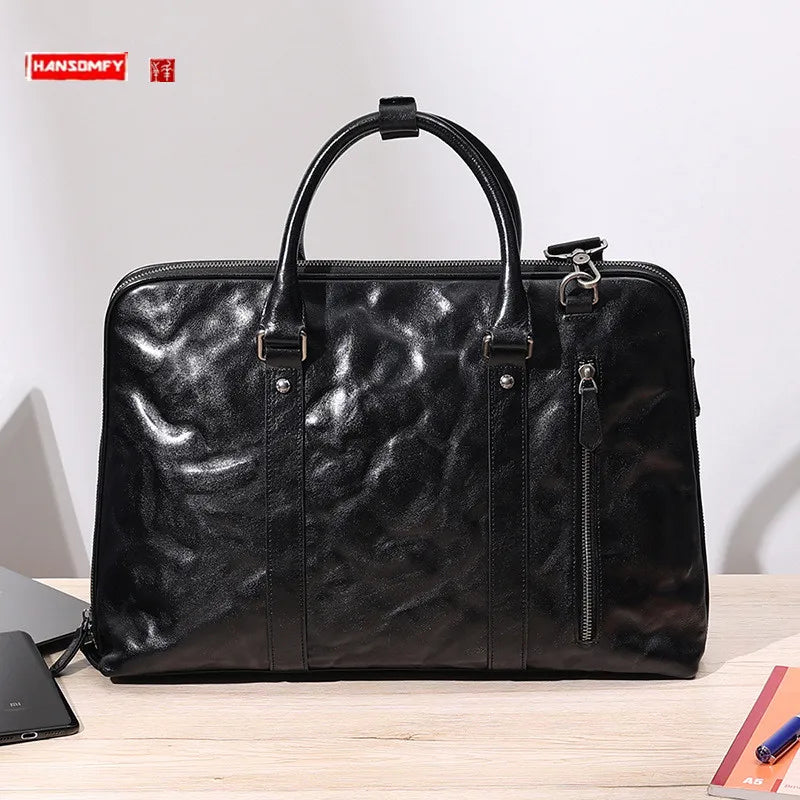 2025 New Genuine Leather Men's Handbags Cowhide Briefcase 14-15.6 Inch Laptop Bag Business Commute Shoulder Crossbody Bags