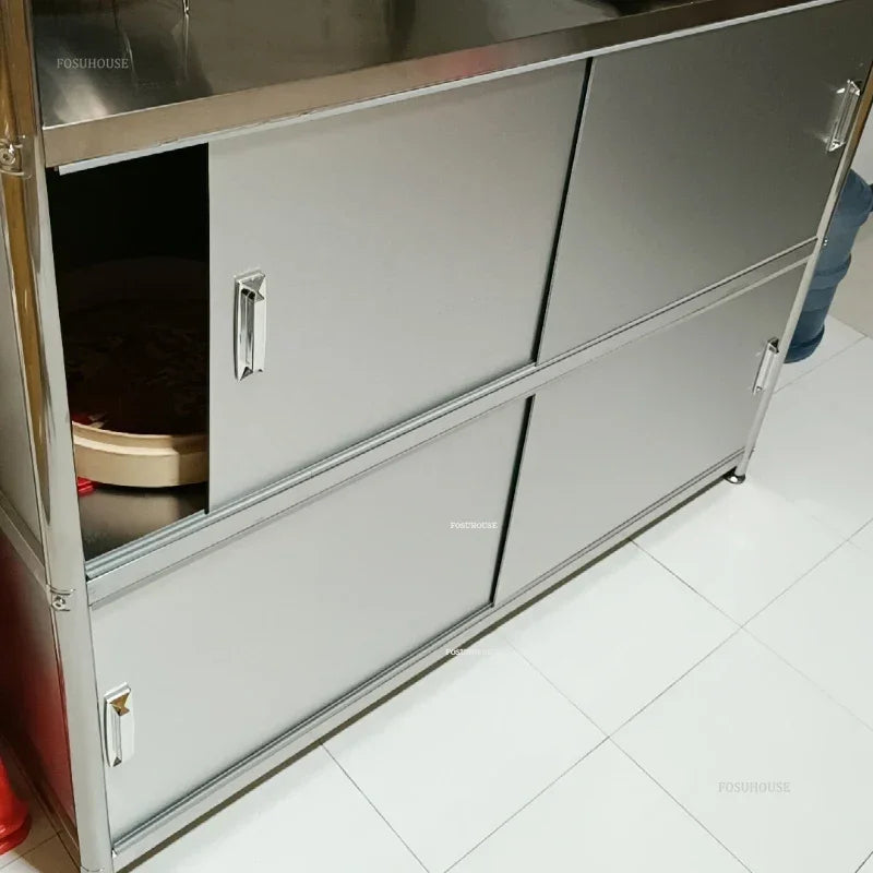 Stainless Steel Kitchen Cabinets with Door Floor Multi-layer Sliding Door Cabinet Storage Racks Multi-functional Home Furniture