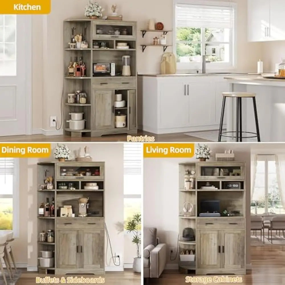 67" Farmhouse Kitchen Pantry Cabinet, Bakers Rack w/Storage Cabinet, Coffee Bar w/Charging Station, Buffet Sideboard